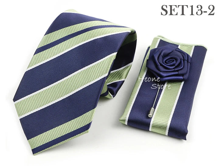 Men's Striped Necktie, Pocket Square & Brooch Set | Groom & Groomsmen Wedding Accessory