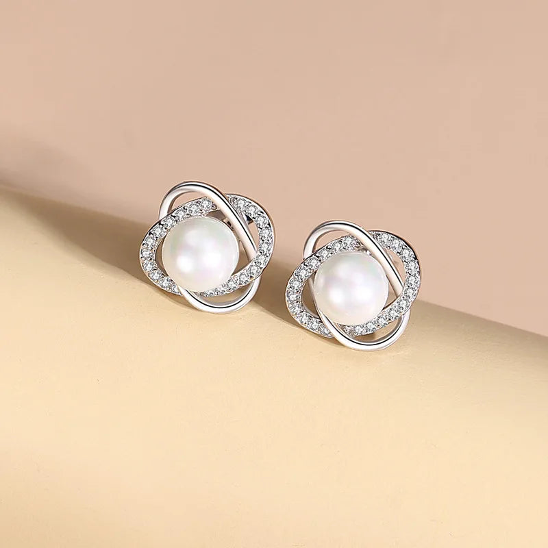 Boucles d'oreilles clous perle et zircon 5A — Bijoux de mariée en argent sterling 925