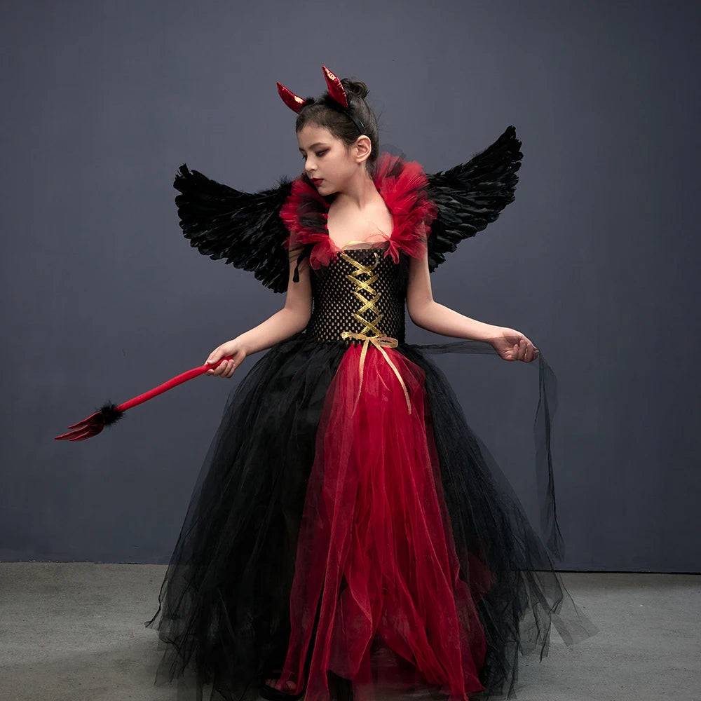 Costume de petite fille vampire gothique Robe de reine maléfique Tutu pour Halloween Fête cosplay Vêtements pour enfants Déguisement