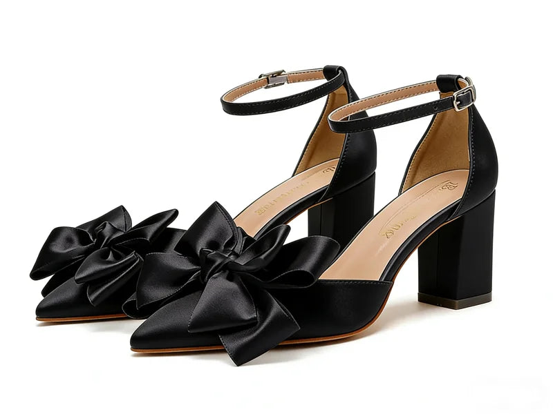 New Leather Solid Snow White Wedding Banquet Ball Thick Heel Pointed Hollow High Quality BowKnot High Heel Sexy Women's Shoes
