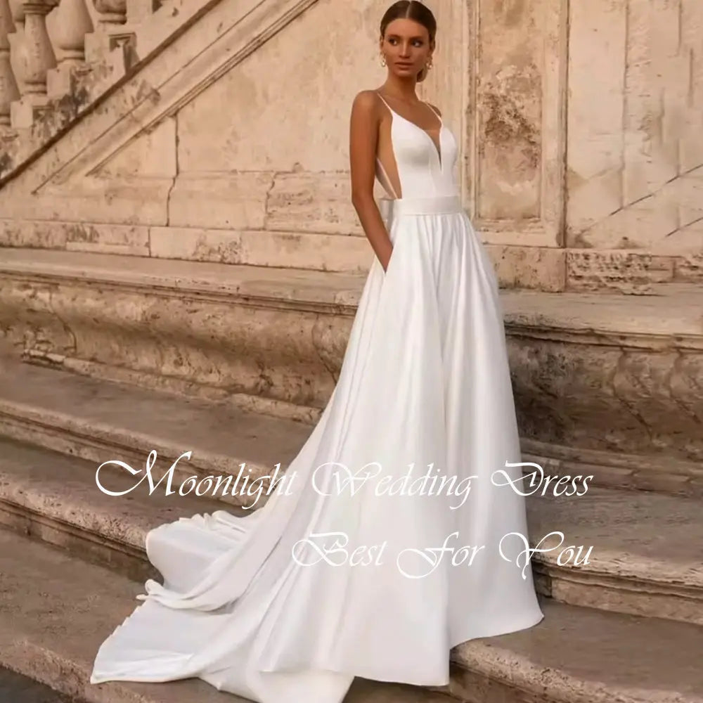 Robe de mariée trapèze moderne plissée à col en V 2026 sans manches, à fines bretelles, dos nu, robe de mariée, Vestidos De Novia personnalisée