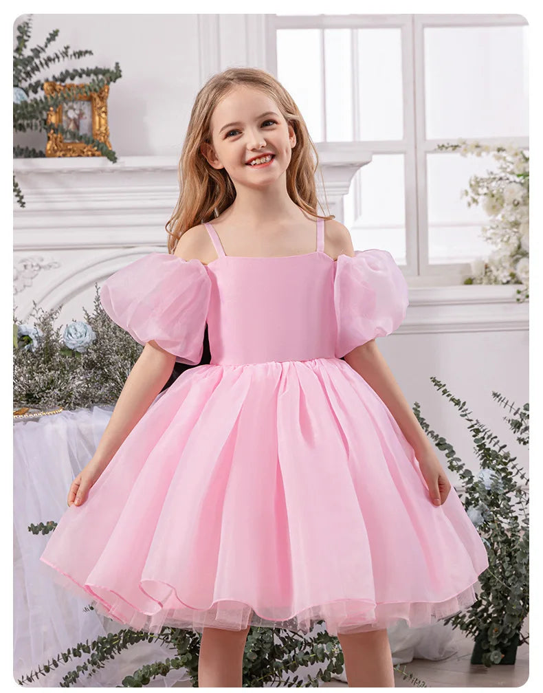 Robe gothique noire pour bébé fille de 4 à 8 ans, pour occasions formelles, manches bouffantes, robe de princesse pour fête d'anniversaire d'enfants avec nœud rose élégant