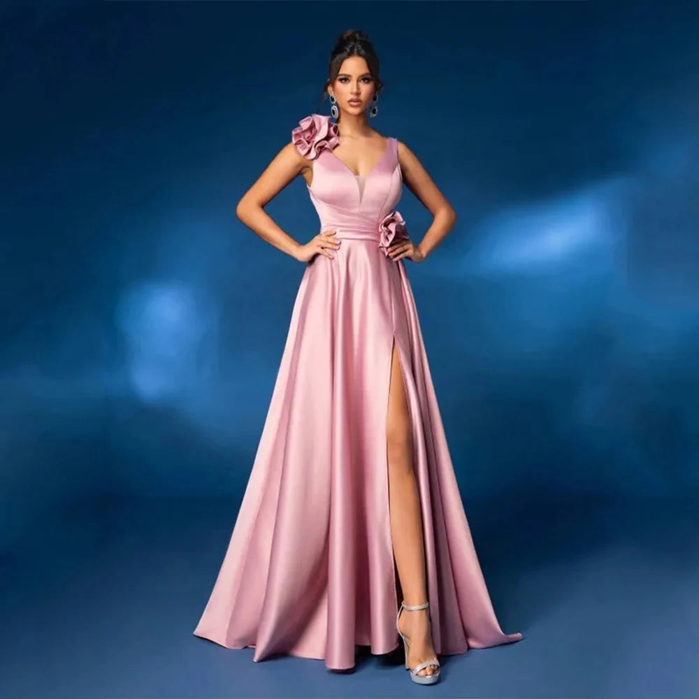DRESS FORU Robes de Soirée Élégantes en Satin Longueur Ras du Sol Col en V sans Manches Robe de Bal Fleurie Vestidos De Fiesta Personnalisée