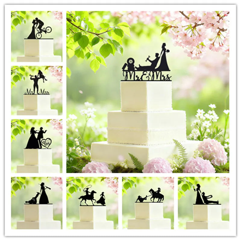 Funny Wedding Party Cake Topper Mariée Marié M. Mme Acrylique Noir Gâteaux de mariage Style Sport Mixte Couples Cake Décoration de mariage