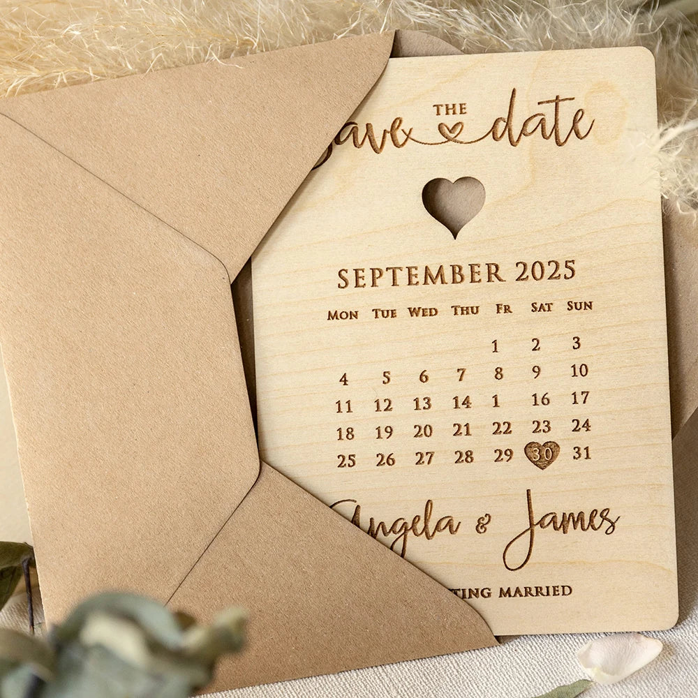 Faire-part de mariage personnalisé en bois/acrylique découpé au laser avec calendrier gravé et enveloppe écologique