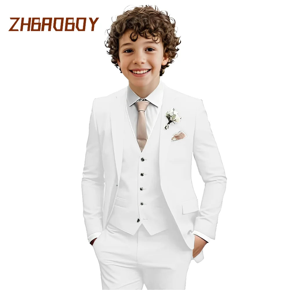 Costume Garçon 3 Pièces Coupe Slim Smoking Enfant Tenue de Mariage Formelle Ensemble Blazer Gilet Pantalon