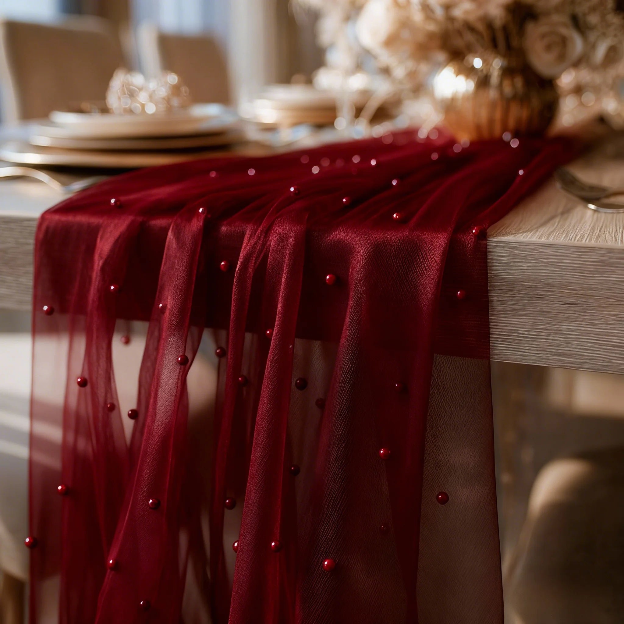 Lot de 2 chemins de table en tulle bordeaux avec perles, élégants, idéaux pour les mariages, les fêtes de Noël et autres événements.