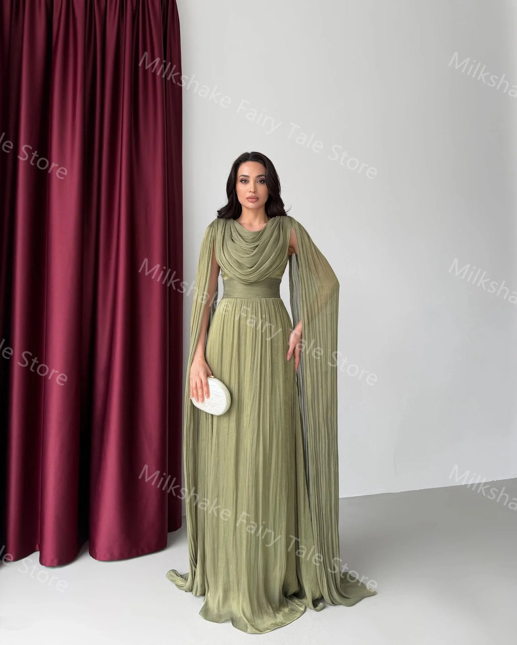 Robes de soirée vert olive élégantes Manches longues cape Robes de bal pour femmes Longueur au sol Robes d'invitées de mariage personnalisées