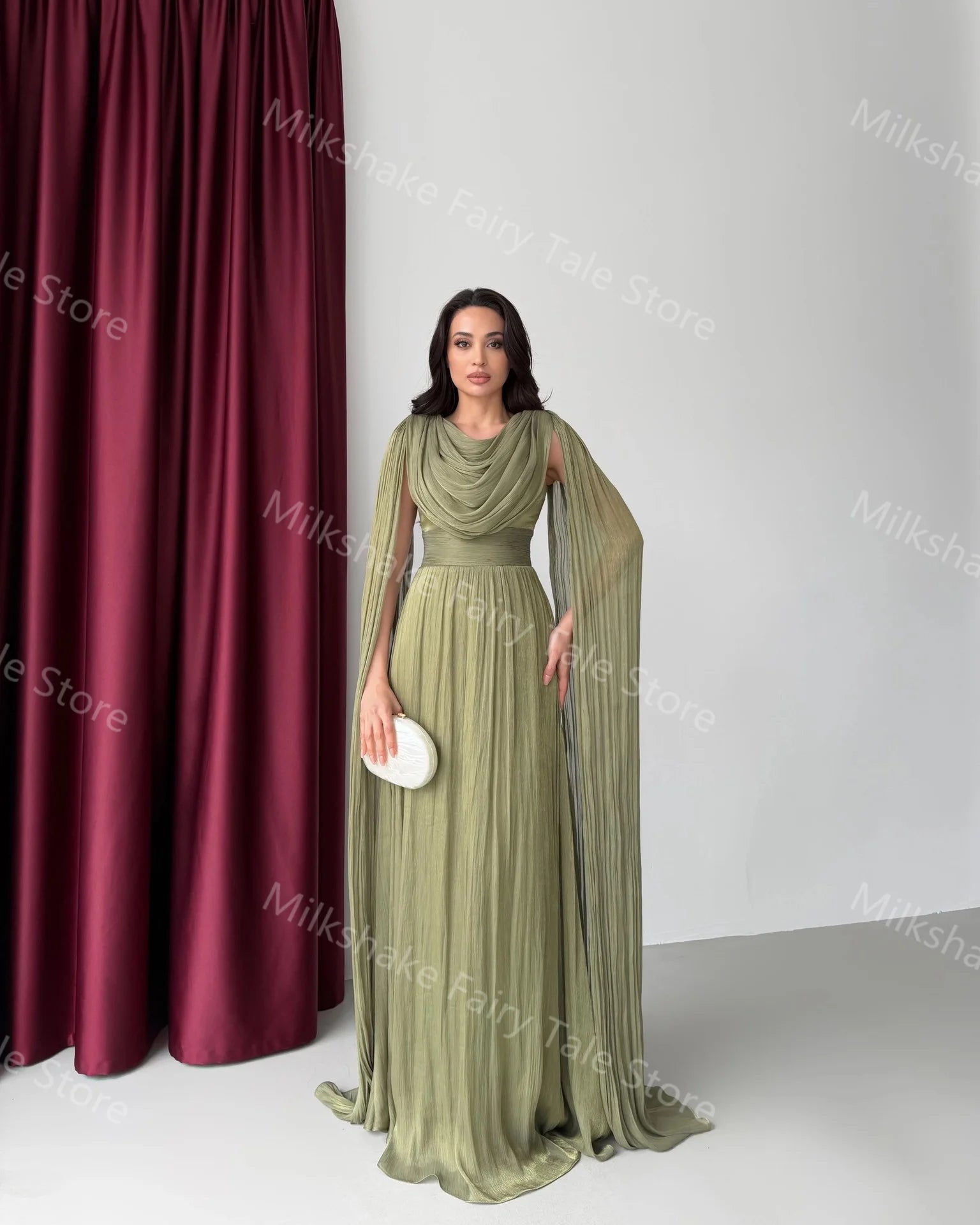 Robes de soirée vert olive élégantes Manches longues cape Robes de bal pour femmes Longueur au sol Robes d'invitées de mariage personnalisées