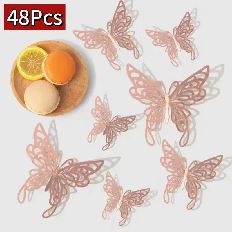 48 autocollants muraux papillons creux dorés et argentés, papillons 3D, pour chambre à coucher, salon, décoration de maison, applique, décoration de mariage