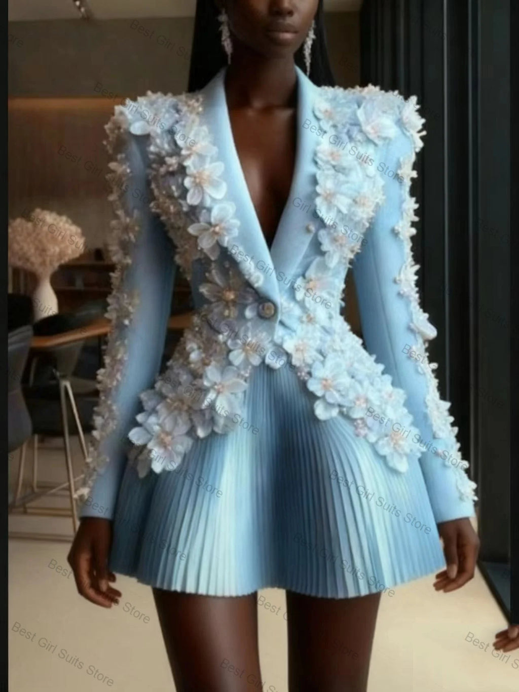Blue Women Suit Set 2 Piece Blazer+Short Mini Prom Dress 3D Flower Formal Office Lady Jacket Customized Prom Wedding Guest Coat