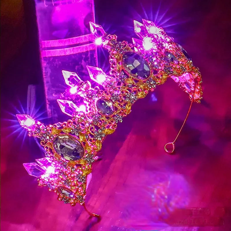 Accessoires de Cheveux de Mariée Lumineux Alliage Cristal Fête LED Lumineux Couronne Strass Diadème Fleur Reine Mariage Festival