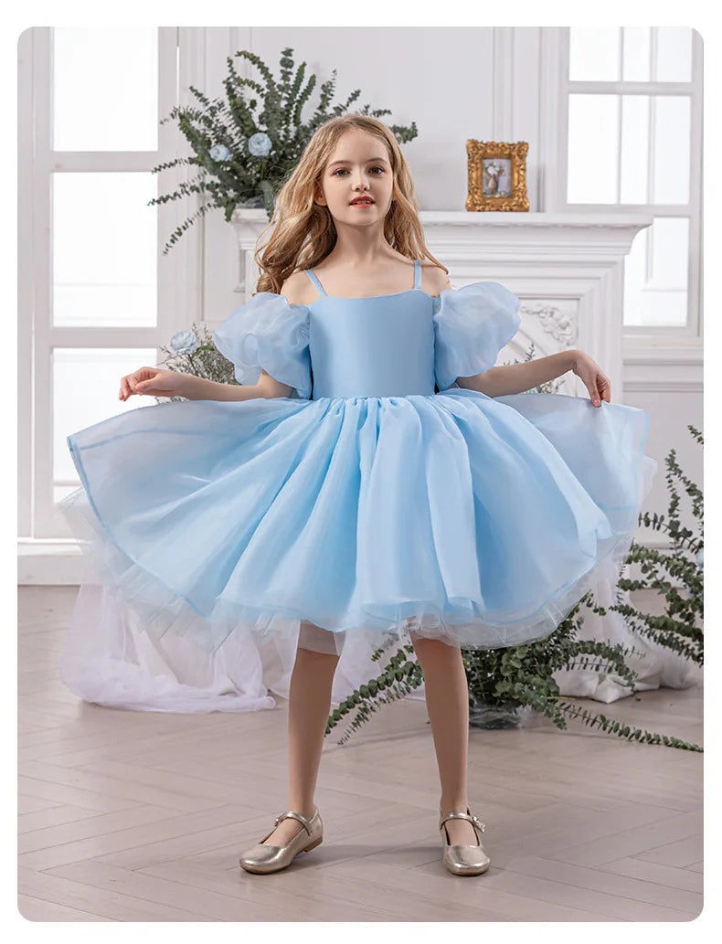 Robe gothique noire pour bébé fille de 4 à 8 ans, pour occasions formelles, manches bouffantes, robe de princesse pour fête d'anniversaire d'enfants avec nœud rose élégant
