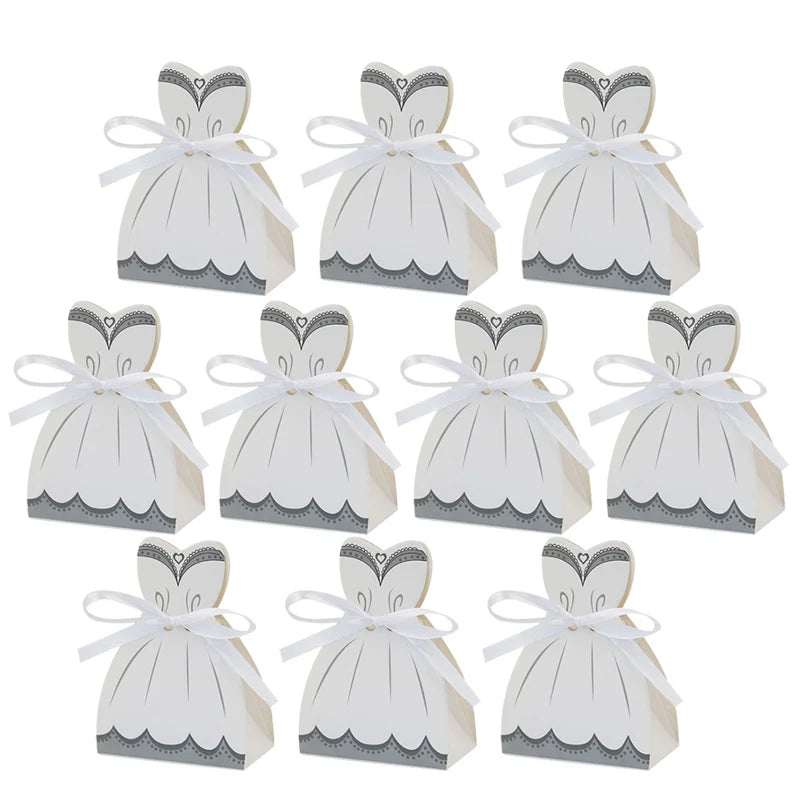 10pcs Wedding Dress Patterns Candy Box Wedding Bridal Souvenirs Candy Box With Ribbon Suit Bride And Groom Accessories Decor