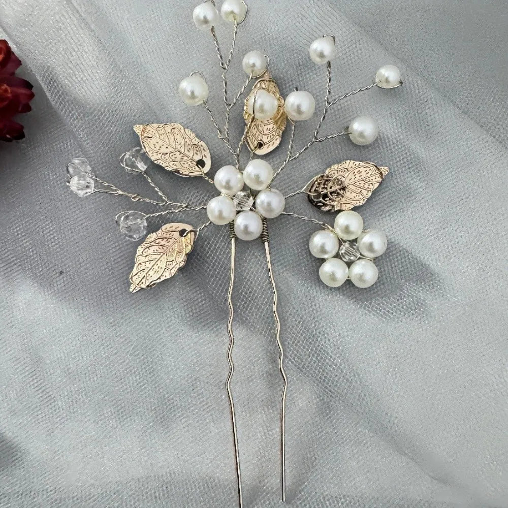 4Pcs Sets Pearl Wedding Hair Accessories Elegant Vintage Leaf Shaped Tiaras Handmade Bride Insert Hair Clip Bride Accessories