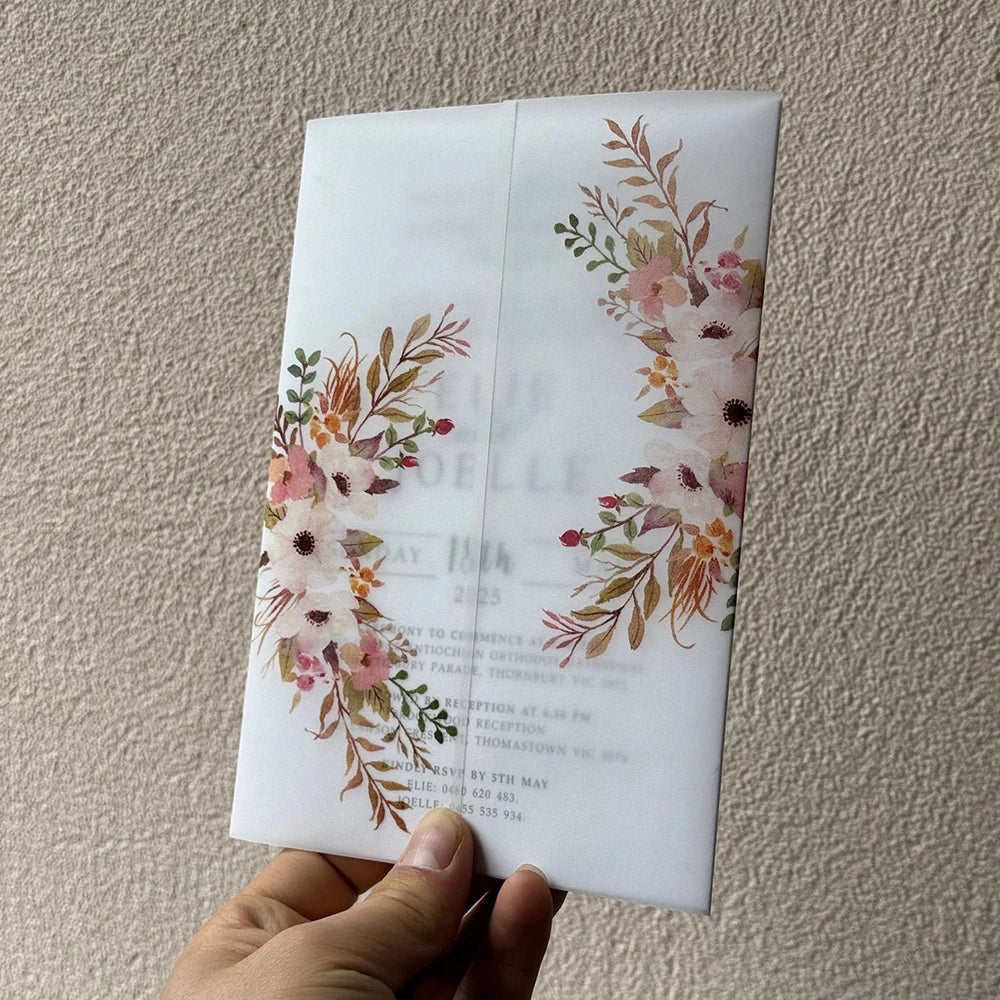 20pcs Watercolor flower Vellum  Wrap suitable for a 5 x 7 Wedding Invitation,vellum jacket,custom invitation