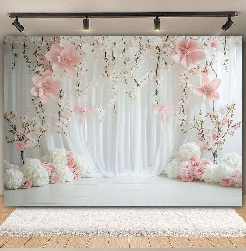 Toile de fond de fête pour photographie, motif mariage, fleur rose, palais, mur blanc, pour fête prénuptiale, décor de portrait de mariage, arrière-plan photo