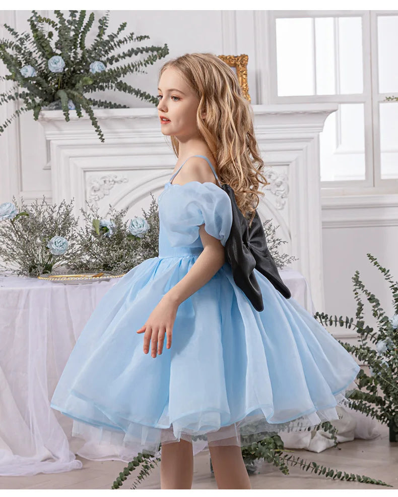 Robe gothique noire pour bébé fille de 4 à 8 ans, pour occasions formelles, manches bouffantes, robe de princesse pour fête d'anniversaire d'enfants avec nœud rose élégant