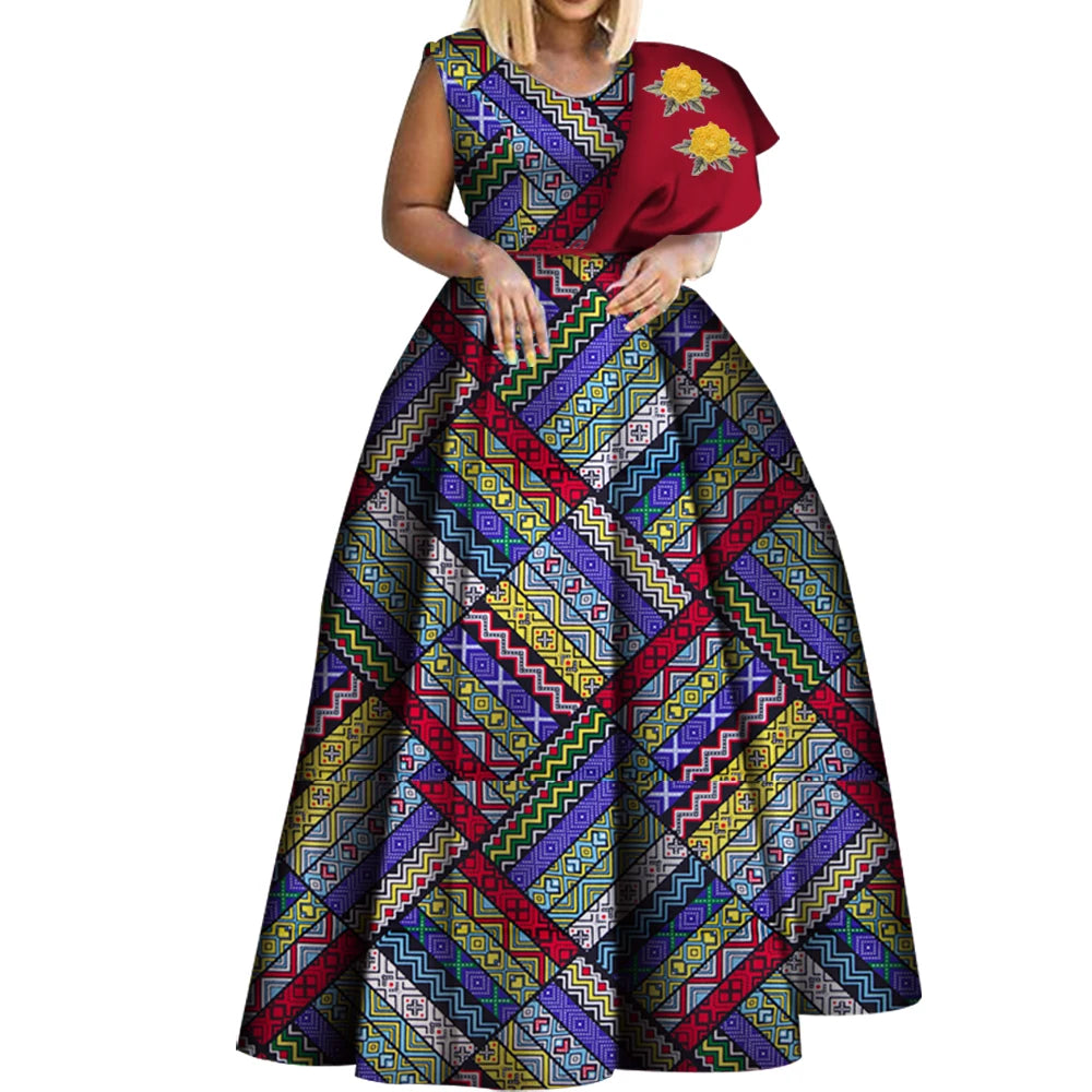 Bintarealwax Robes africaines Dashiki imprimées Bazin Robe de soirée asymétrique Robes africaines grande taille pour femmes WY3834