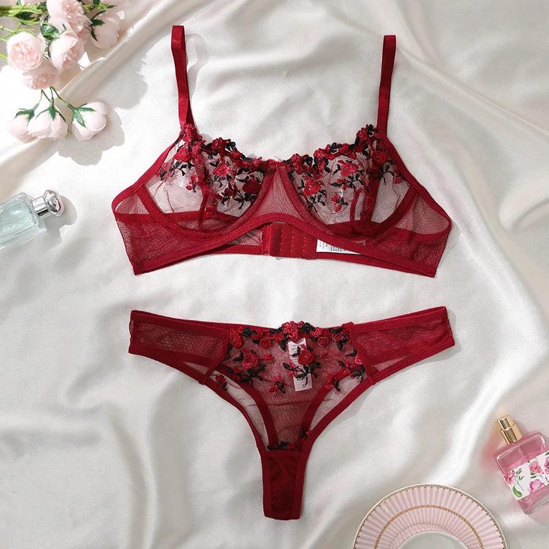 Ensemble de lingerie sexy fantaisie en dentelle érotique pour femme, 2 pièces, sous-vêtements transparents brodés, soutien-gorge et culotte érotiques magnifiques