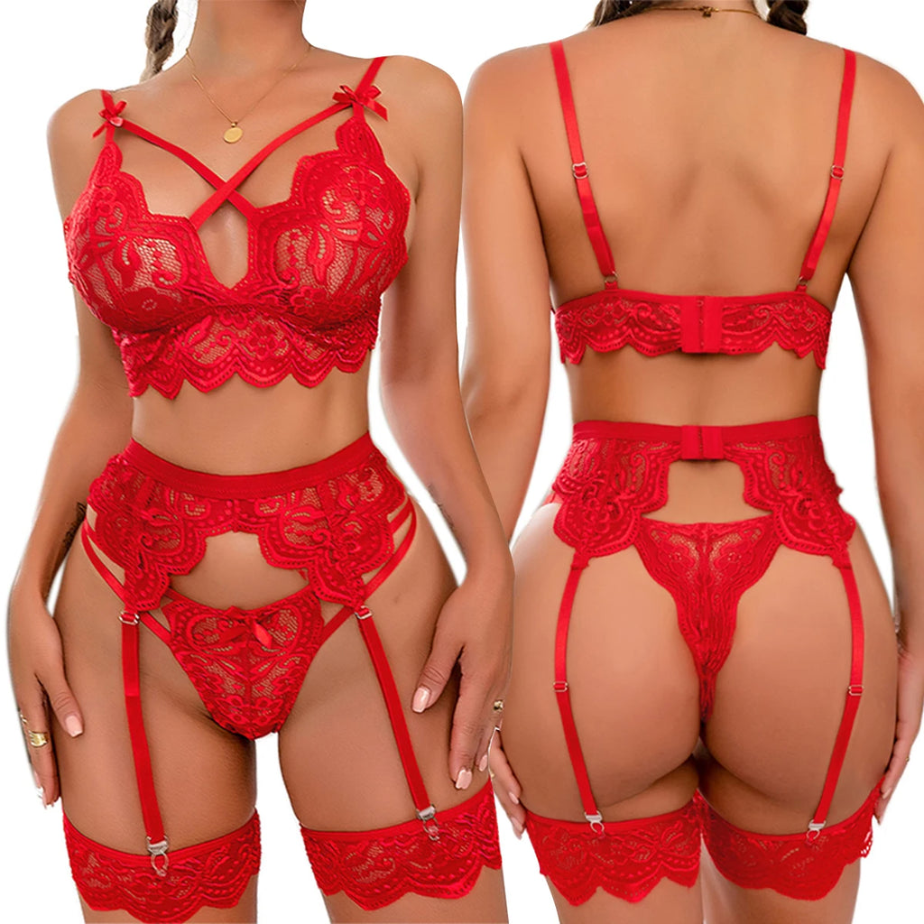 Ensemble de Lingerie Érotique Sexy Femme Soutien-gorge Culotte Jarretelles 3 Pièces Ensembles de Lingerie Transparente Sexy Ensemble de Sous-vêtements Féminins Costumes Sexy Femme