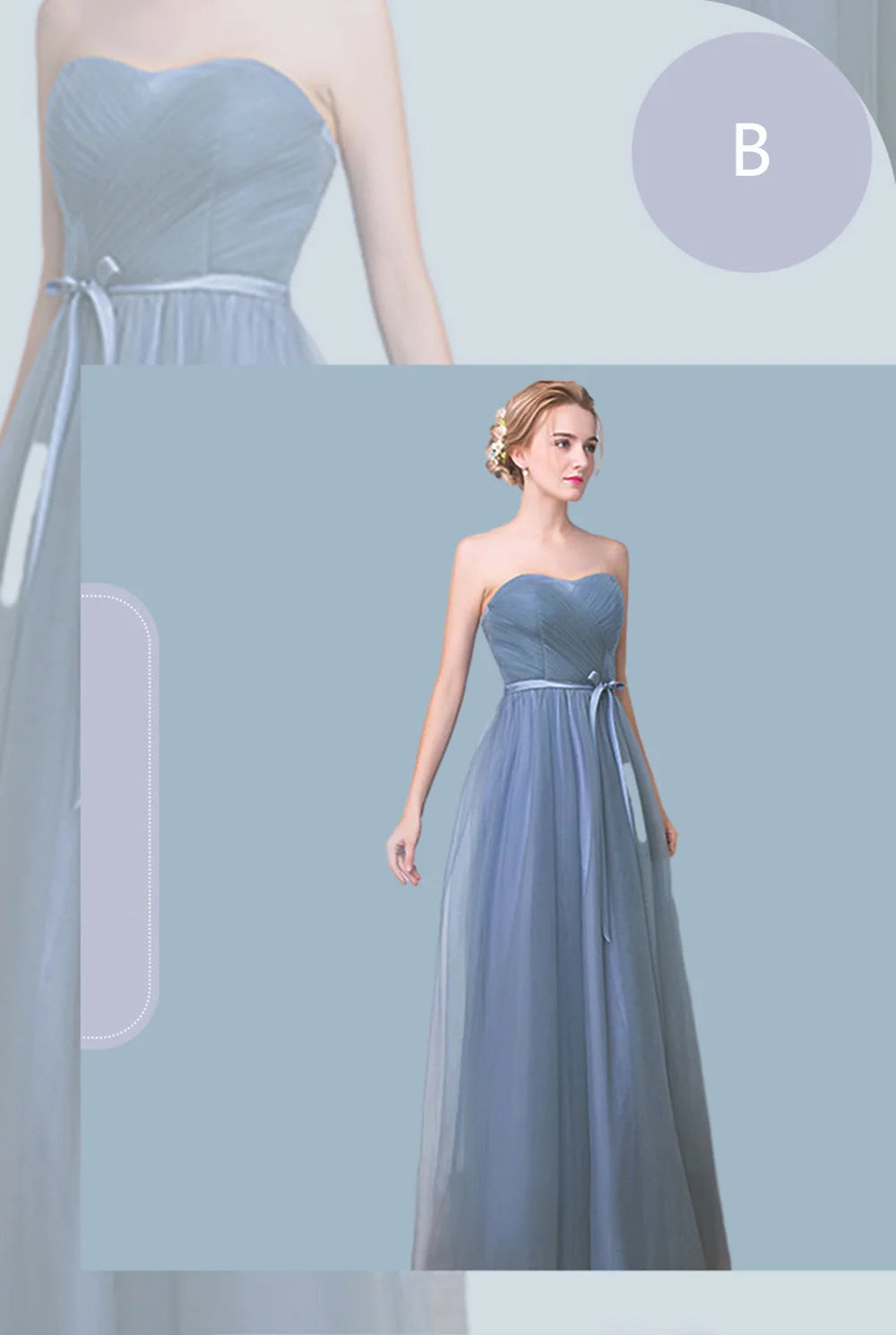 Élégante Robe de Demoiselle d'honneur Gris Bleu Simple 4 styles sans Manches Femme Classique Tulle Ceinture Satin Lacets Nœud Robe de Bal Ligne A