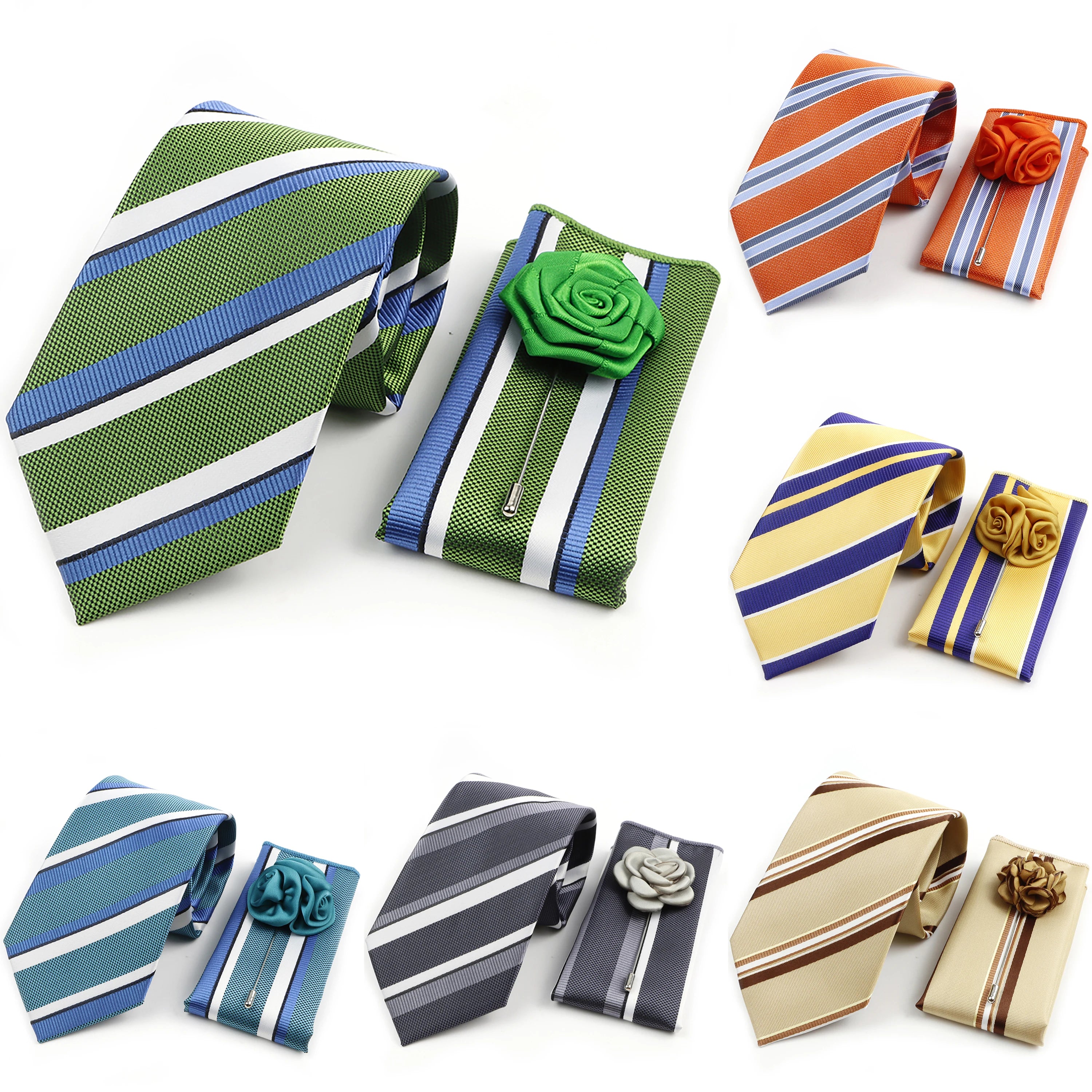 Men's Striped Necktie, Pocket Square & Brooch Set | Groom & Groomsmen Wedding Accessory