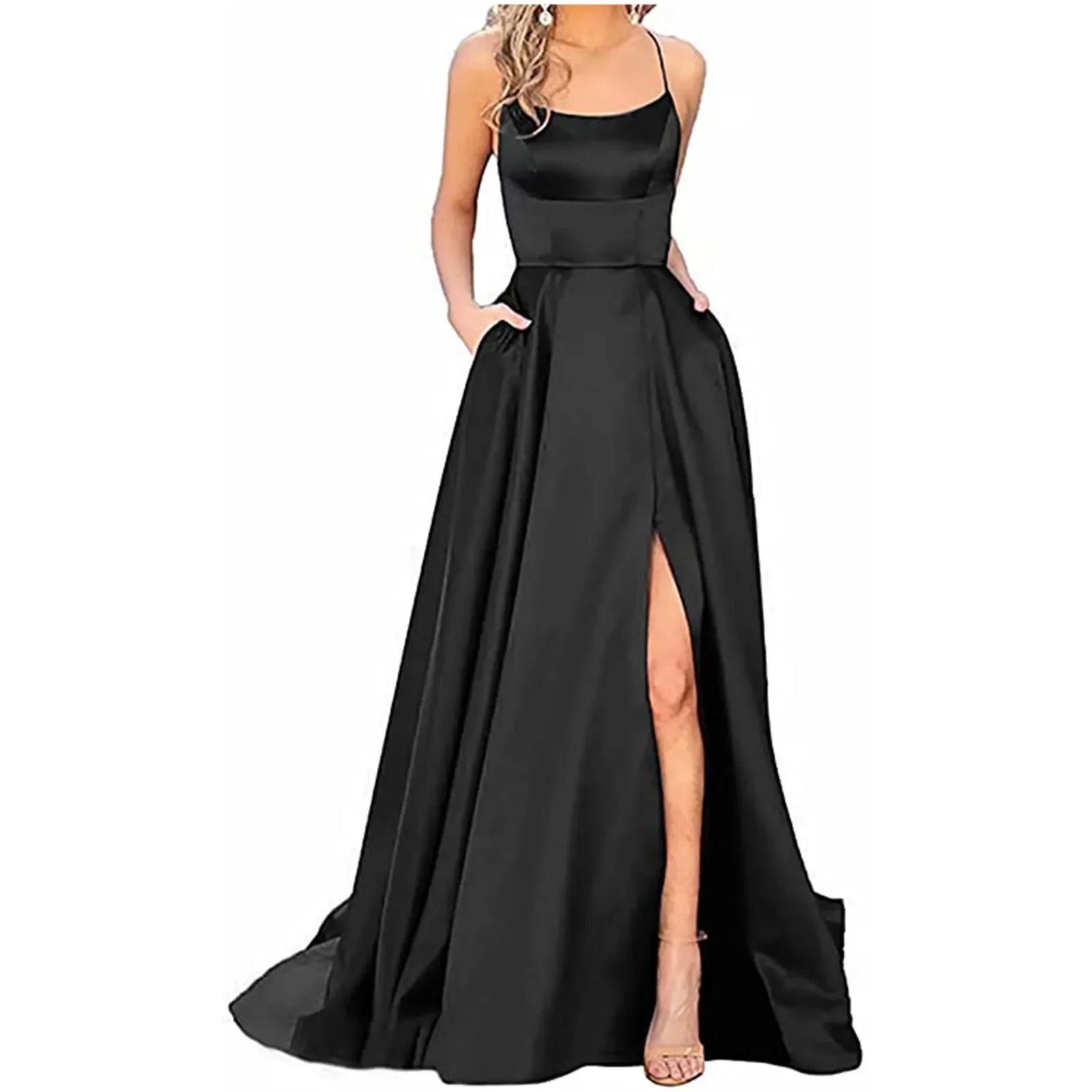 Robe de Demoiselle d'Honneur Bleu Marine pour Mariages Femme Invitée 2024 Sexy à Fines Bretelles Fendue Robes de Soirée Longues