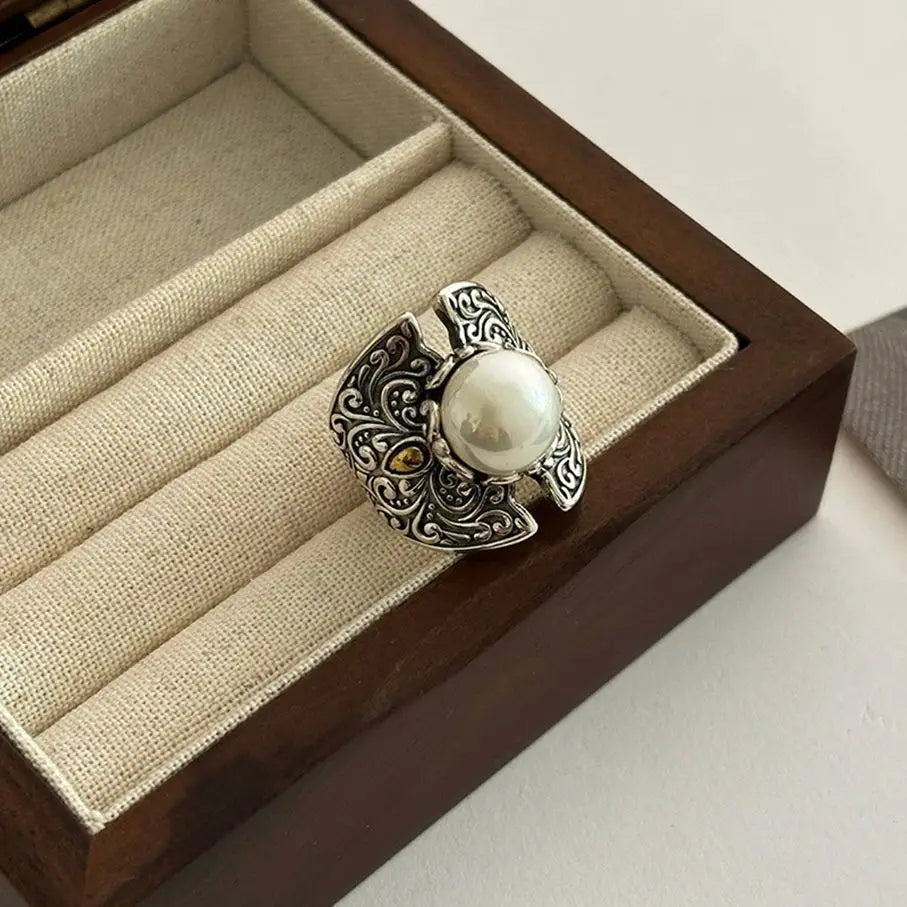 Bague Ajustable Perle Creuse Sculptée — Bijoux de Mariée Vintage