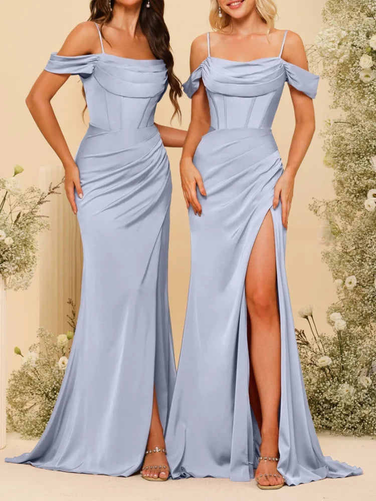 Robes longues de demoiselle d'honneur en satin à fines bretelles, épaules dénudées, fente latérale et drapé, robes de soirée élégantes sans dos