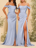 Robes longues de demoiselle d'honneur en satin à fines bretelles, épaules dénudées, fente latérale et drapé, robes de soirée élégantes sans dos