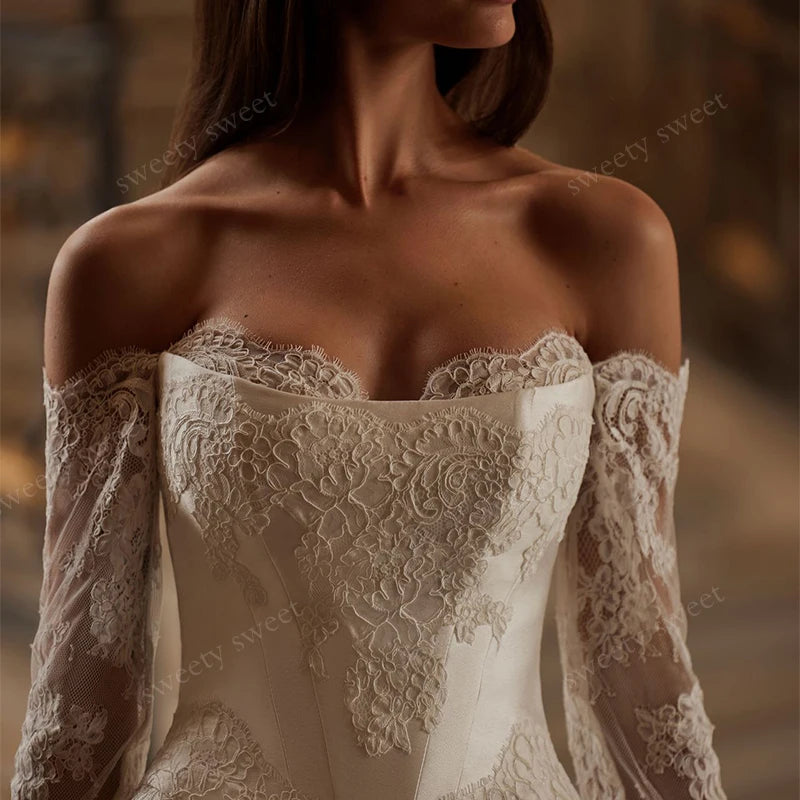 Robe de mariée vintage en organza avec broderie dentelle, coupe trapèze, manches longues, épaules dénudées, personnalisée (Vestido De Novia)