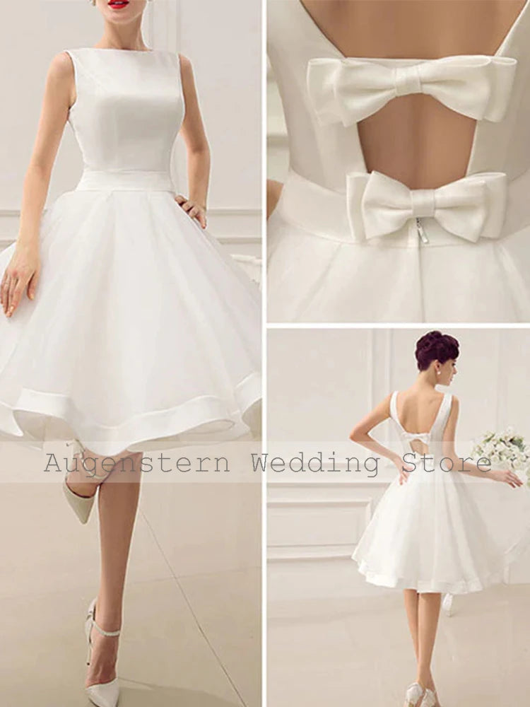 Ivory Satin A-Line Wedding Dress | Boat Neck Sleeveless Bridal Gown with Bow