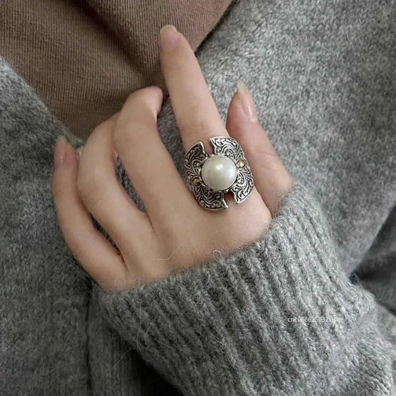Bague Ajustable Perle Creuse Sculptée — Bijoux de Mariée Vintage