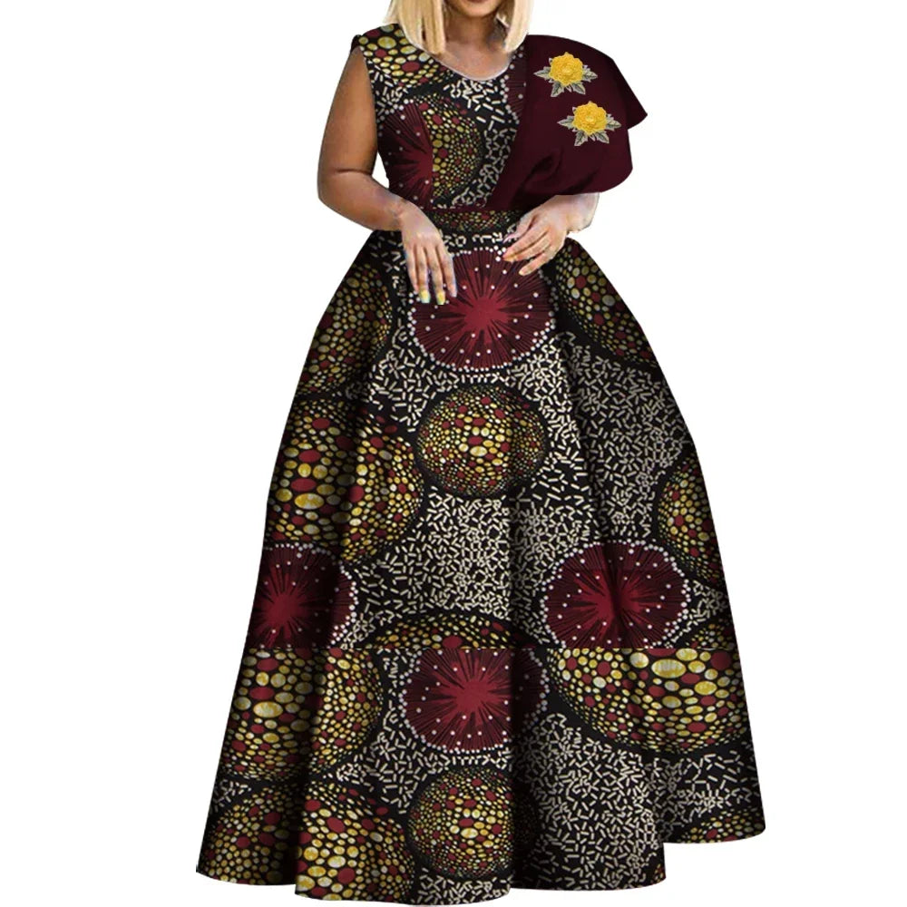 Bintarealwax Robes africaines Dashiki imprimées Bazin Robe de soirée asymétrique Robes africaines grande taille pour femmes WY3834
