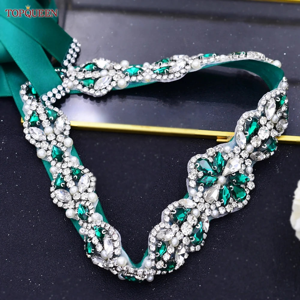 TOPQUEEN Multiple Styles Green Belt With Diamonds Bridal Wedding Accessories Rhinestone Women'S Dresses Evening Girdles S30