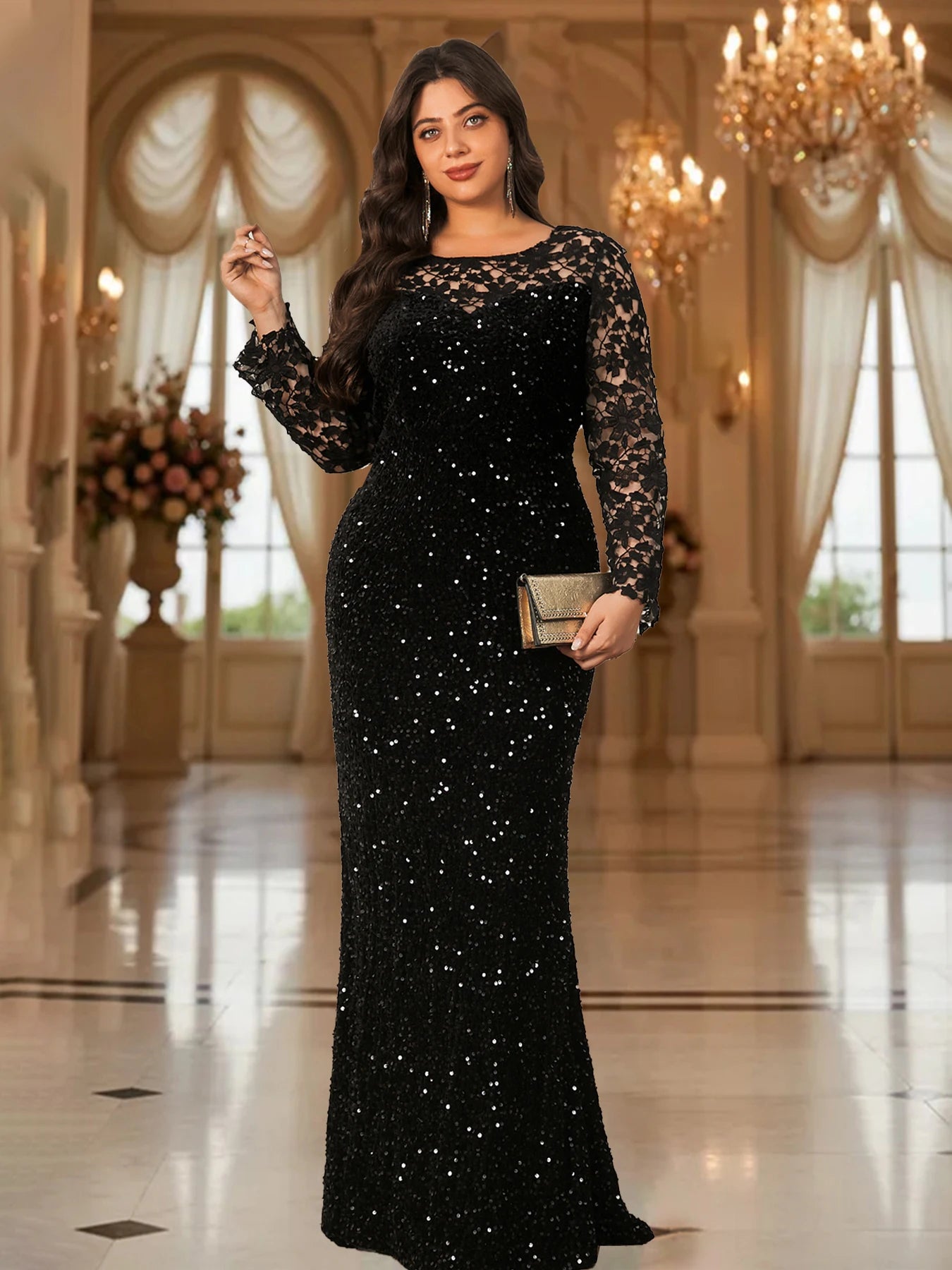 Robe de soirée élégante grande taille pour femmes, manches longues, dentelle, paillettes, velours, ajourée, modeste, maxi