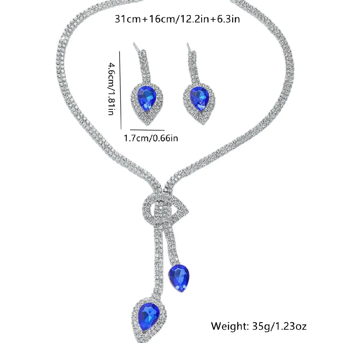 Parure collier et boucles d'oreilles goutte d'eau en cristal bleu saphir