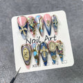 Gothic - Style Press On Nails With 3D Metal Cross Rhinestones Pearls Gradient Pink Blue With Gold Metal Decorations For Special