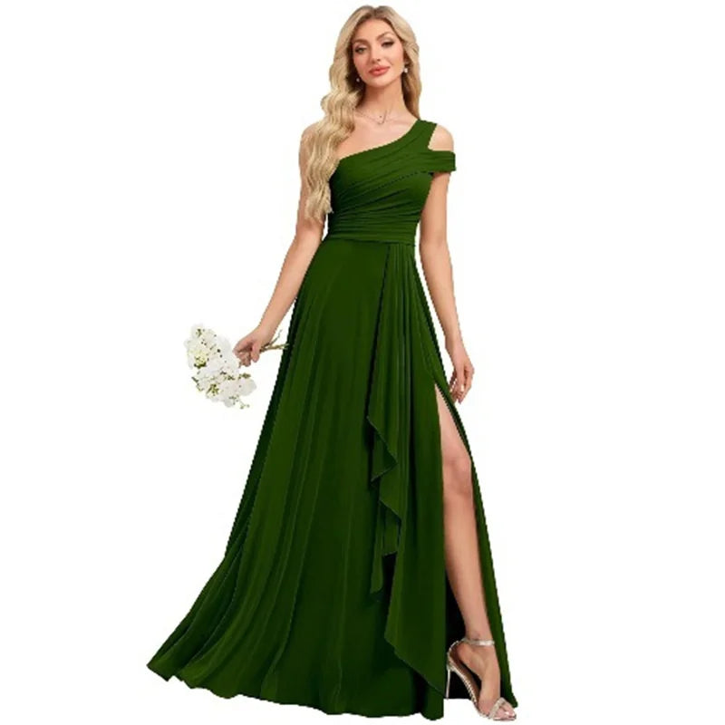 Robe de Demoiselle d'honneur en Mousseline Coupe Droite, Épaule Dénudée, Fendue, Plissée, Élégante pour Mariage, Soirée ou Bal, Dos Lacé