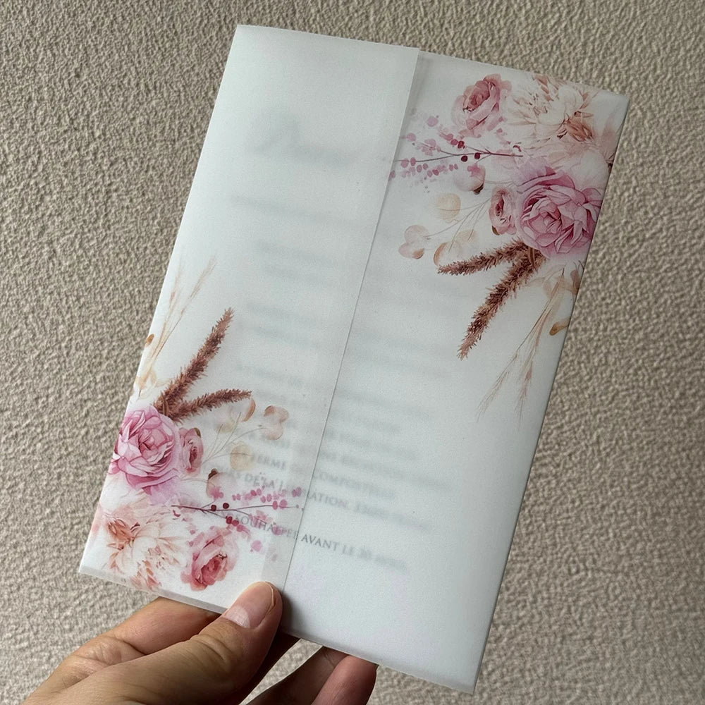 20pcs Watercolor flower Vellum  Wrap suitable for a 5 x 7 Wedding Invitation,vellum jacket,custom invitation