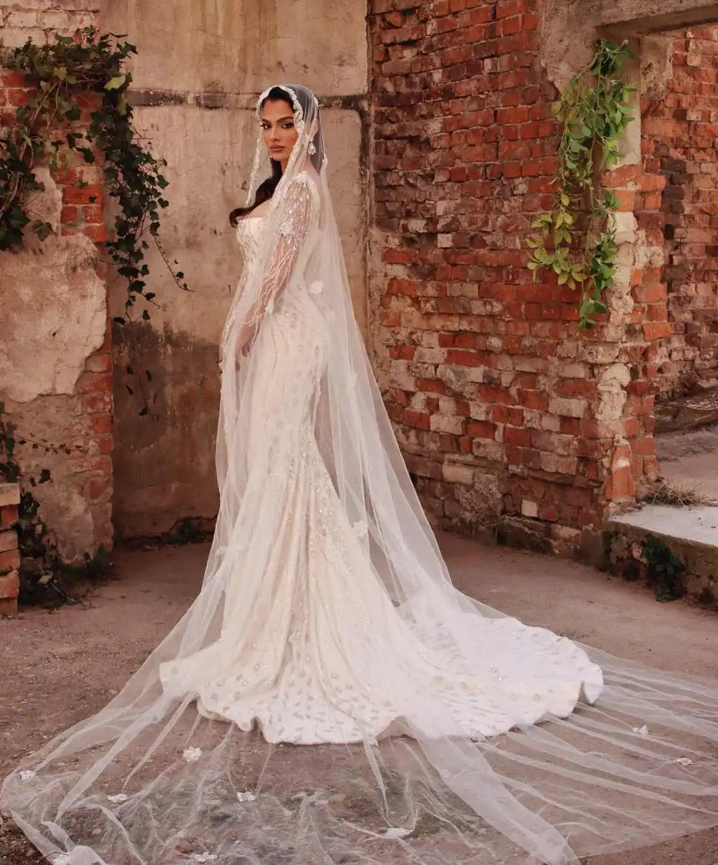 Strapless Mermaid Wedding Gown | Lace Appliqué Tulle Bridal Dress with Sweep Train