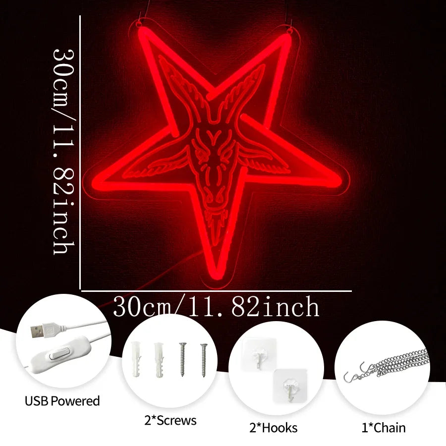 Bar Neon Art Wall Decor for Room Gothic Three-dimensional Carved Lamb and Inverted Baphomet Home Sign Five-pointed Beauty Star