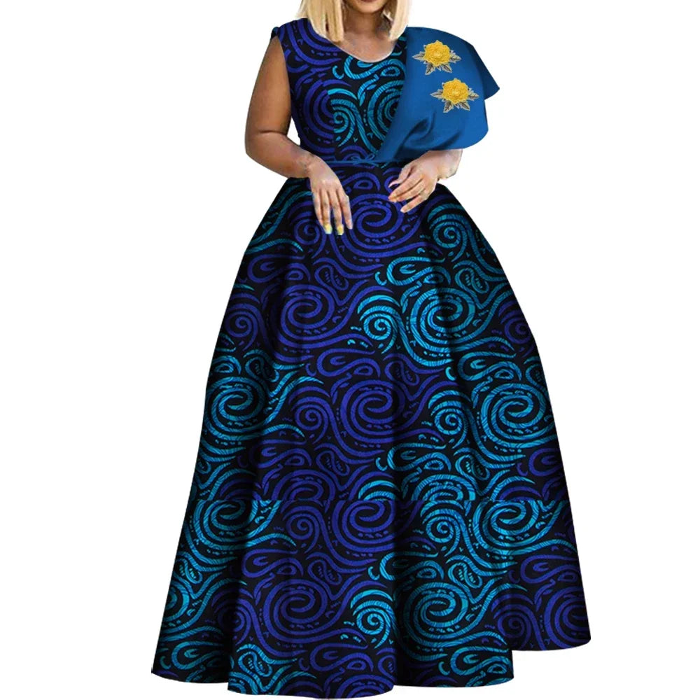 Bintarealwax Robes africaines Dashiki imprimées Bazin Robe de soirée asymétrique Robes africaines grande taille pour femmes WY3834