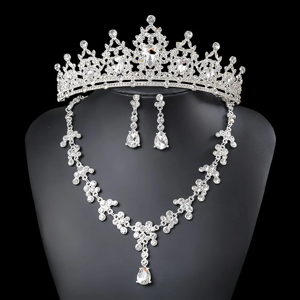 Accessoires de mariée tendance et élégants, parure 3 pièces : Couronne de mariée, collier, boucles d'oreilles, accessoires pour robe de mariée