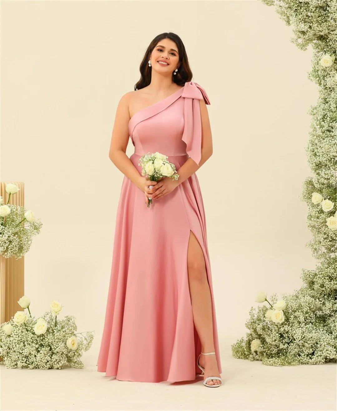 Elegant Satin Bow One-Shoulder Bridesmaid Dresses A-line Slit Backless Solid Simple Guest Ball Gowns Lace Up Wedding Prom Dress