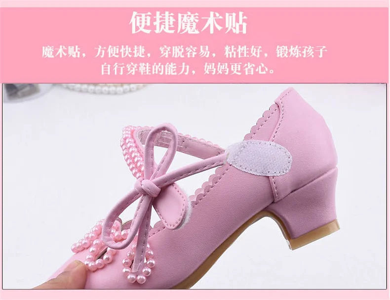 Nouvelles chaussures à talons hauts de princesse pour enfants, chaussures en cuir pour robe de mariée de fille, chaussures blanches pour enfants, chaussures de performance pour étudiants