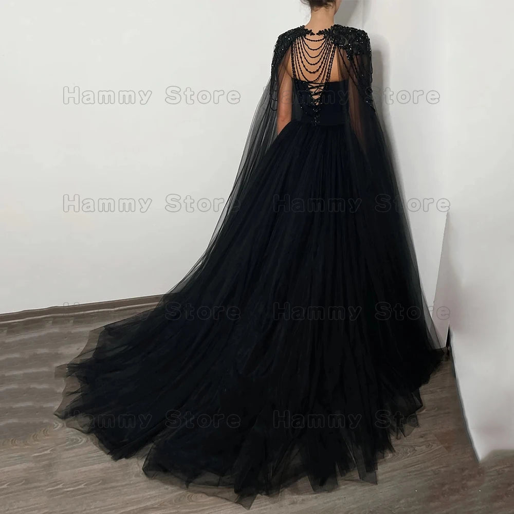 Robe de mariée gothique de haute qualité avec perles, cape amovible, bustier cœur, perles personnalisées, traîne, tulle, robe de mariée noire