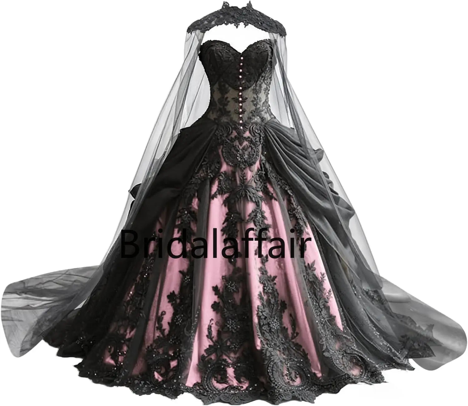 Robes de mariée gothiques pour la mariée Robes de mariée en dentelle noire appliquées Robes de mariée en tulle étagé brodées avec cape