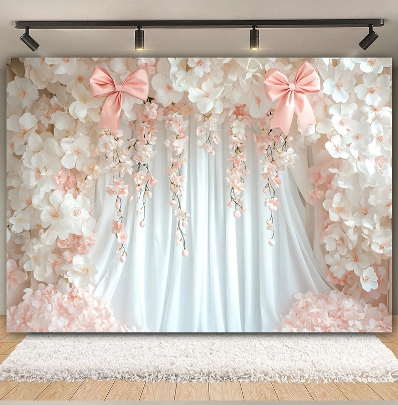 Toile de fond de fête pour photographie, motif mariage, fleur rose, palais, mur blanc, pour fête prénuptiale, décor de portrait de mariage, arrière-plan photo